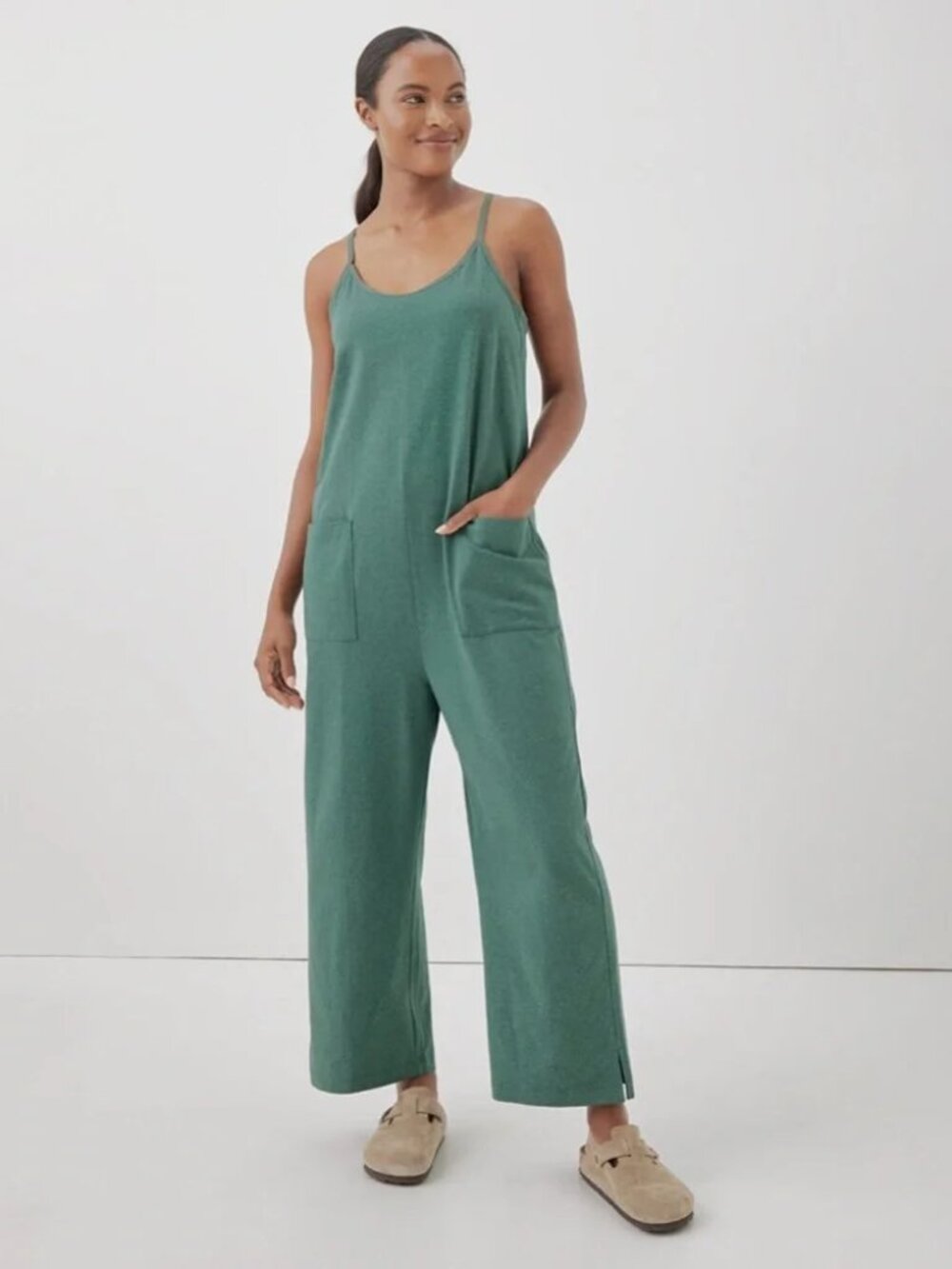 PACT organic cotton green lounge jumpsuit, size L